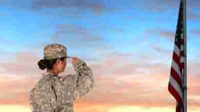 Closeup of an American Female Soldier in combat uniform saluting