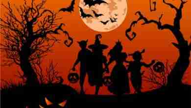 Halloween background with silhouettes of children trick or treat