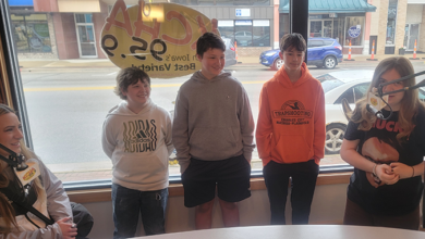 L to R: Librarian Kelsey VanderWerf, students Renner Kober, Graham Hanson, Flynn Osier & Dixie Wilson