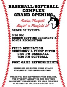 Grand Opening for Nashua-Plainfield Baseball/Softball Complex in Plainfield Thursday (05.29)