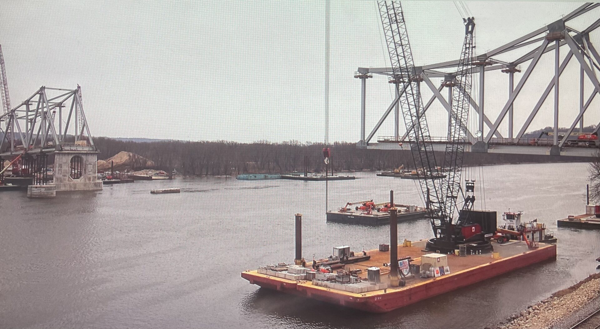 Road Construction Near New Mississippi River Bridge at Lansing, Bridge Taking Shape of Bridge