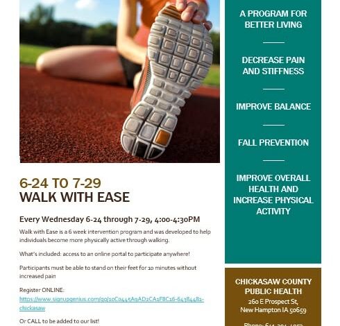 Chickasaw County Public Health 'Walk with Ease" Program Begins Wednesday (06.24)