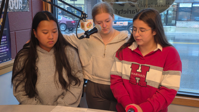 Charles City High School students Sofia Alinea, Devony O'Brien and Kylie Pickar, left to right, join KCHA live on the air Monday morning to talk about 2026 Comet Homecoming Week activities.