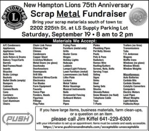 New Hampton Lions Club 2026 Scrap Metal Drive Saturday (Sept. 19)