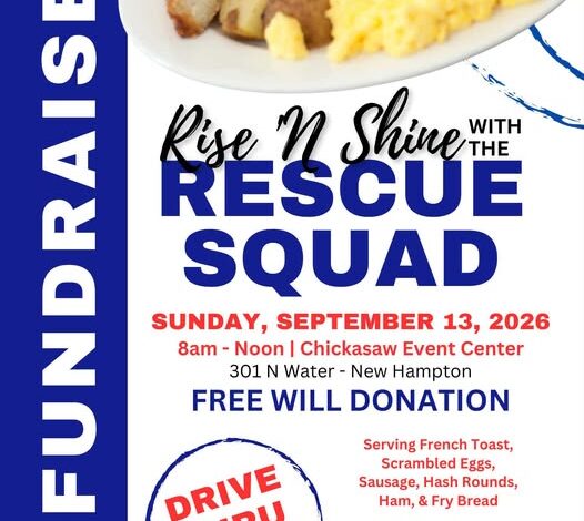 Rise & Shine Breakfast Sunday (Sept 13) Benefits Chickasaw Rescue Squad
