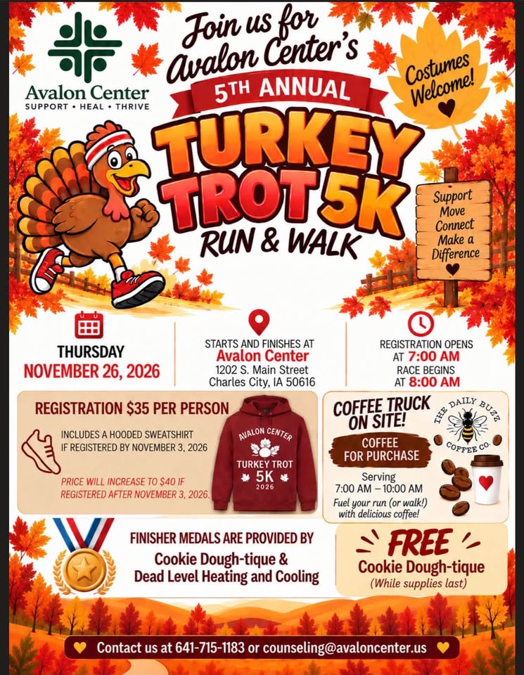 Avalon Center's 5th Annual Turkey Trot Set for Thanksgiving Morning, November 26th in Charles City