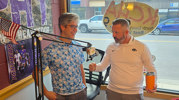 Patrick Nyberg (left), Charles City Middle School robotics coach and Talented and Gifted (TAG) Coordinator, and Middle School Principal Joe Taylor (right) joined Community Conversations Thursday morning to discuss the school's robotics program and upcoming regional LEGO robotics competition on November 21.